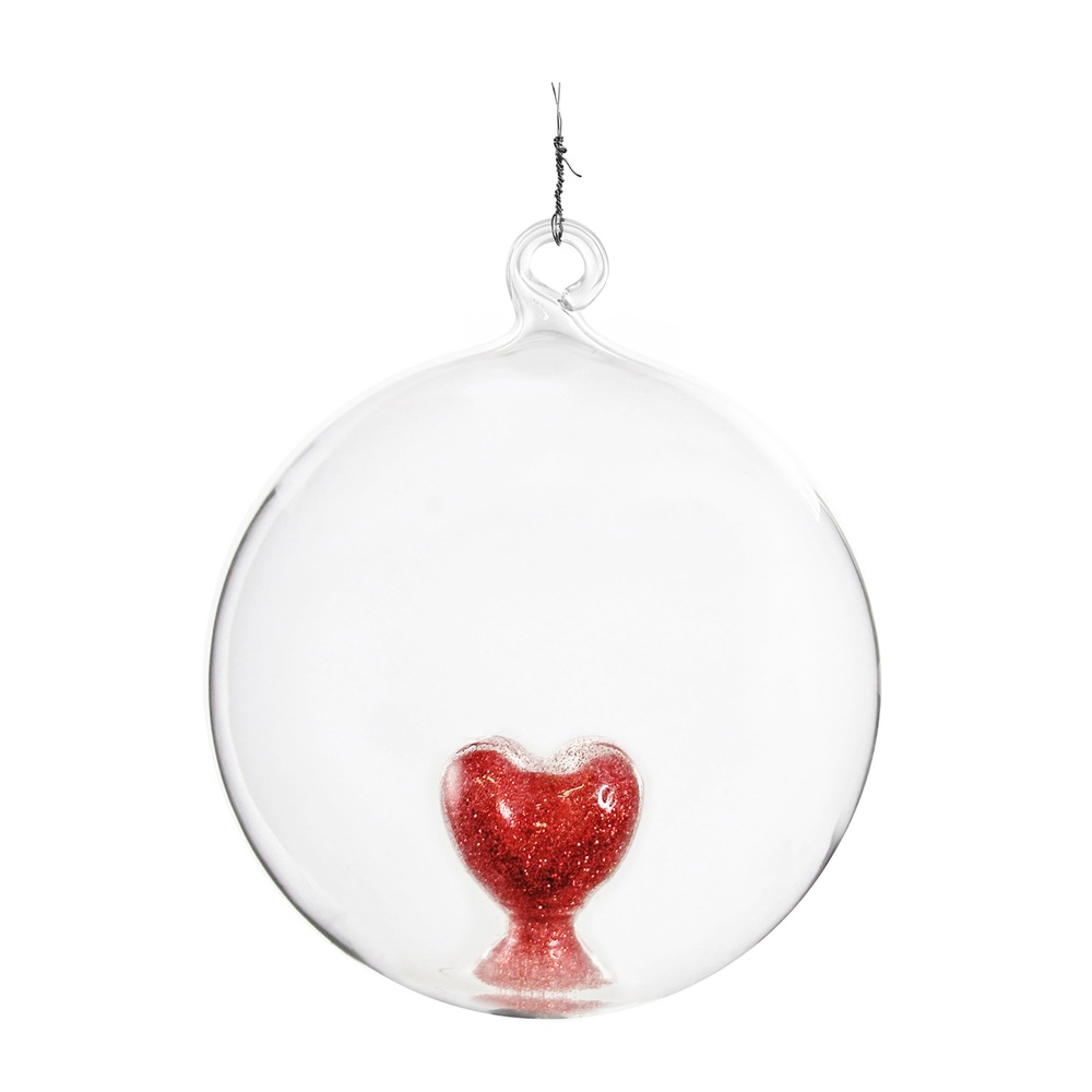 ShishiСтеклянный шар с красным блестящим сердцем внутри, 10 см